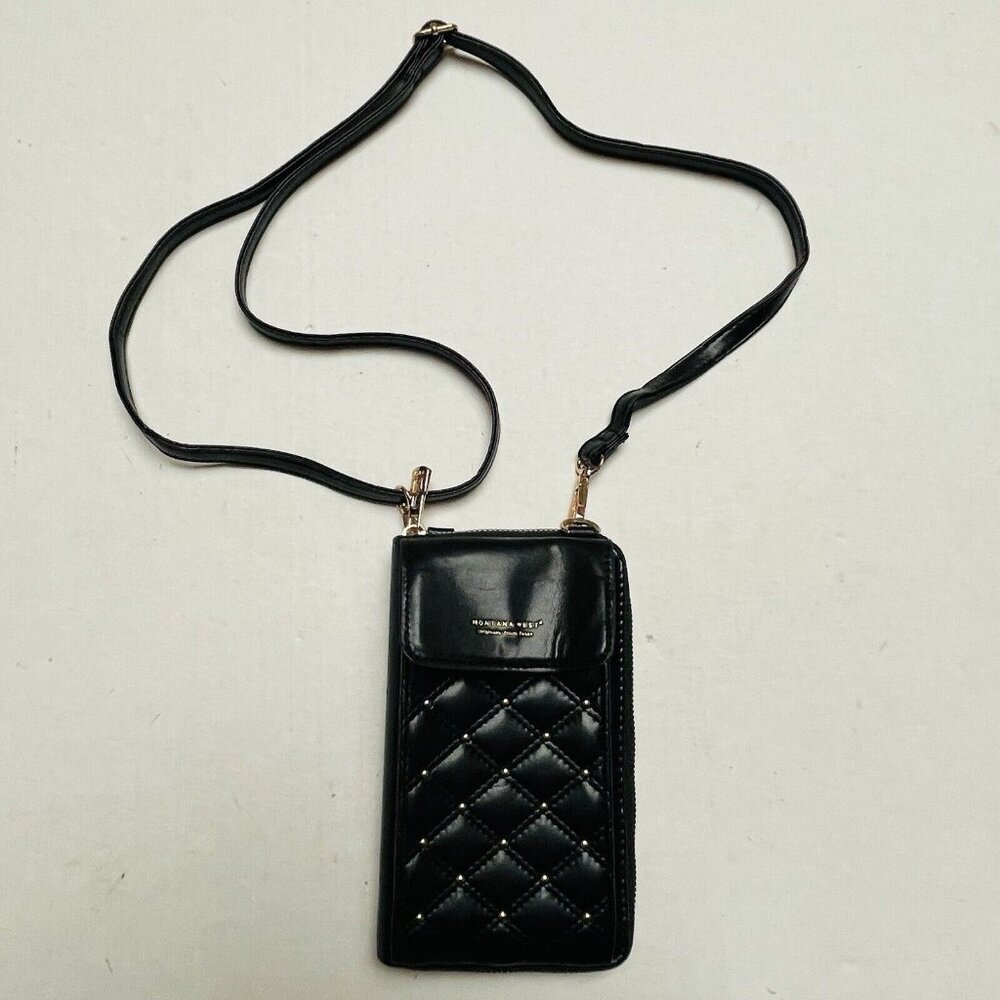 Montana West‎ Zip Around Wallet Phone Pocket Crossbody Strap Black Gold Studs